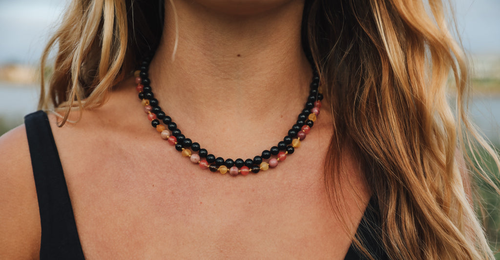 Raw Honey Baltic Amber : Smokey Quartz + Rhodonite || Necklace