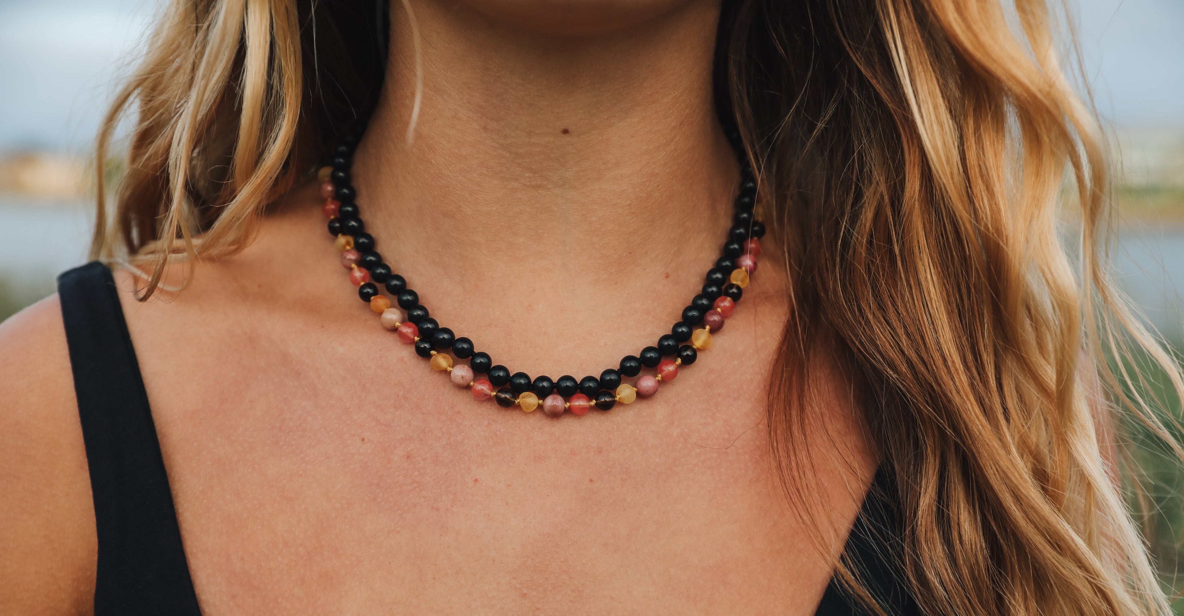 Raw Honey Baltic Amber : Smokey Quartz + Rhodonite || Necklace