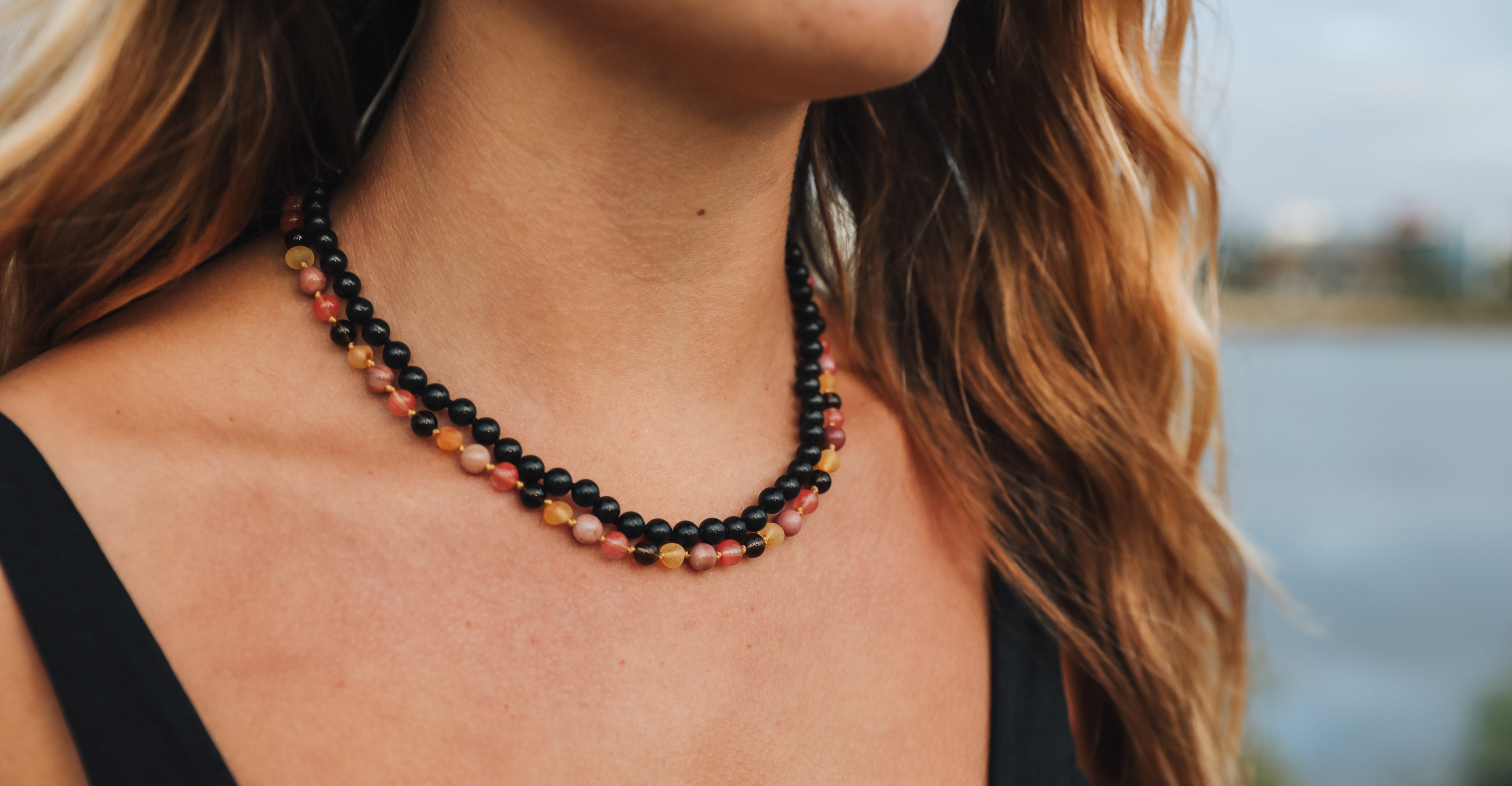 Raw Honey Baltic Amber : Smokey Quartz + Rhodonite || Necklace